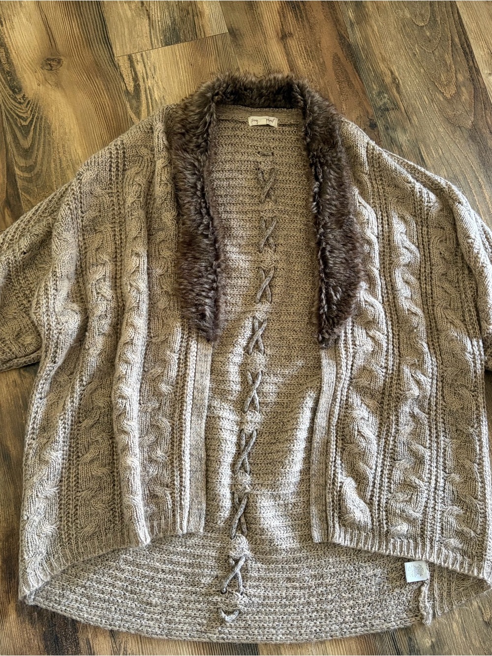 Taupe Cable Knit Open-Front Cardigan with Faux Fur Collar